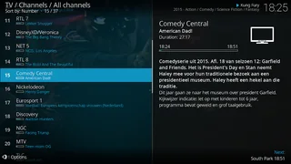 Interface TV do Kodi com a lista de canais e informação de programa.