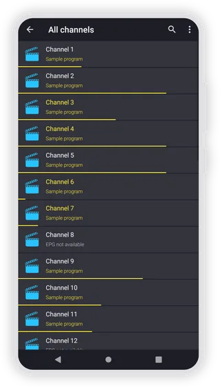 Lista do Televizo com EPG not available em alguns canais de demonstração.