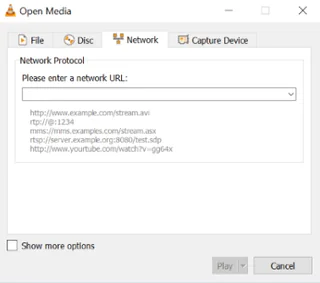 Janela Abrir um endereço de rede do VLC em Windows.