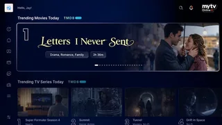 Ecrã inicial oficial do MYTVOnline 4 da Formuler com biblioteca de conteúdos de demonstração.