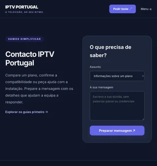 Formulário de contacto IPTV Portugal com assunto e mensagem vazia.