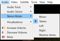 Menu Audio do VLC com opções de faixa, dispositivo de áudio e modo estéreo.